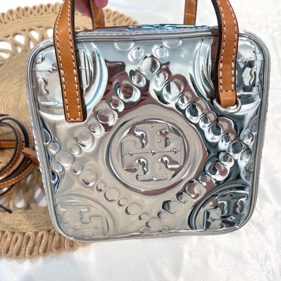 Limited Edition Tory Burch T Monogram Embossed Metallic Silver Cube Handbag - Picture 7 of 12
